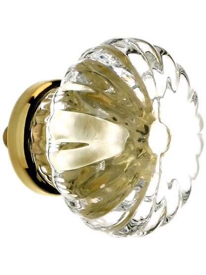 Large Ribbed Clear Glass Drawer Knob with Brass Base.